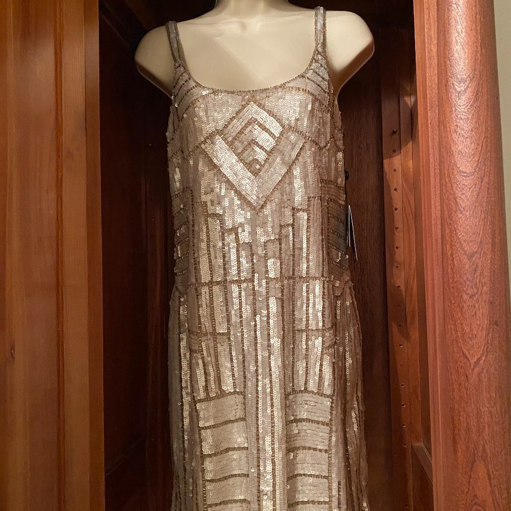 Adrianna Papell Art Deco Gold and White Sequined and Beaded Tank Cocktail -NWT
